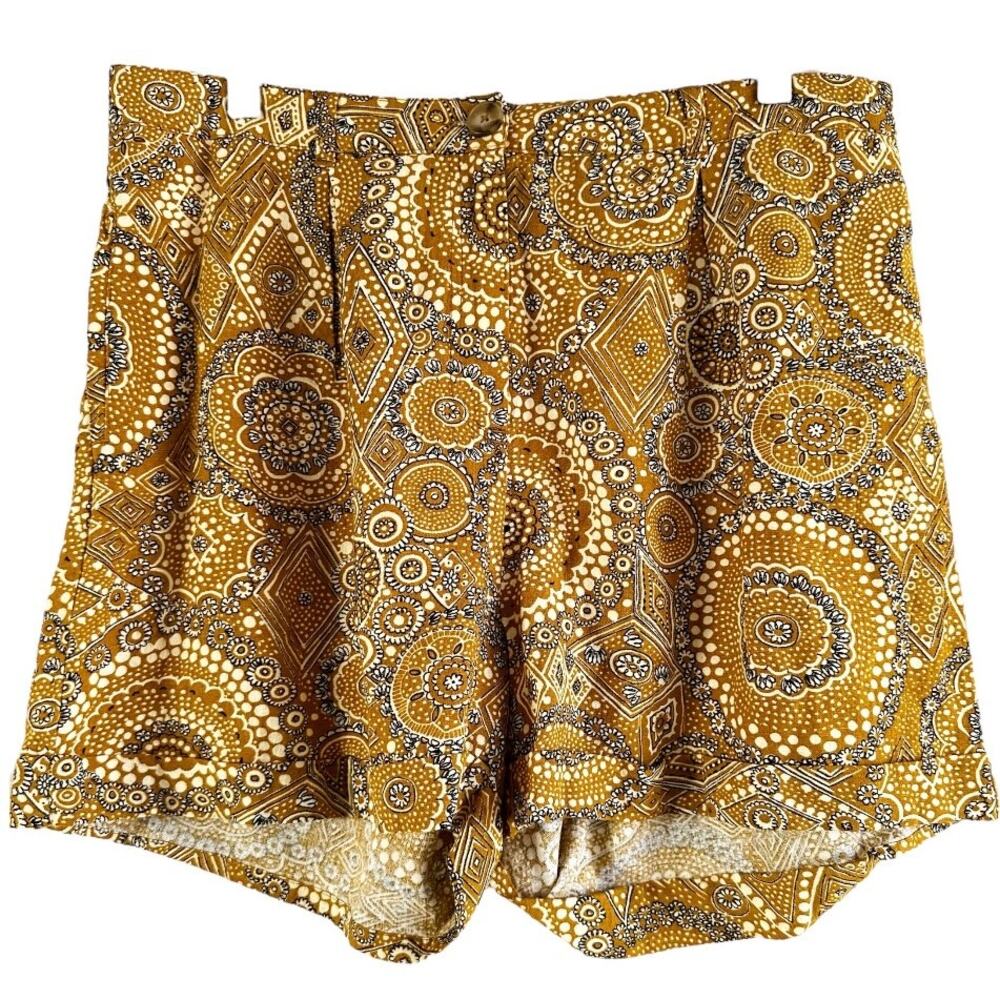 Cotelac Shorts Linen Relaxed Fit Zip Fly Pockets Batik Print Yellow 3 XL